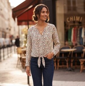 Chaus Red & Blue Asymmetrical Long Sleeve Blouse Front Tie Detail Blouse - L NWT